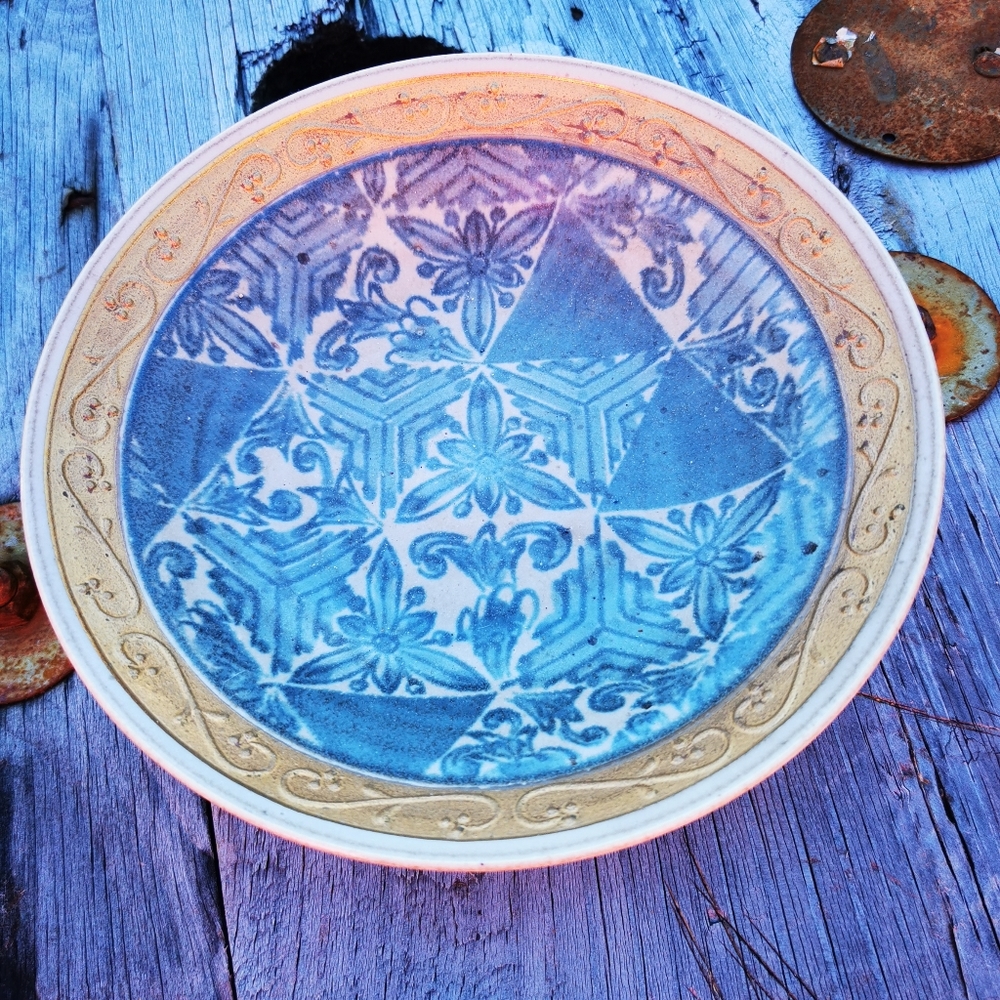 Vintage Studio Pottery Blue Triangle Design Bowl